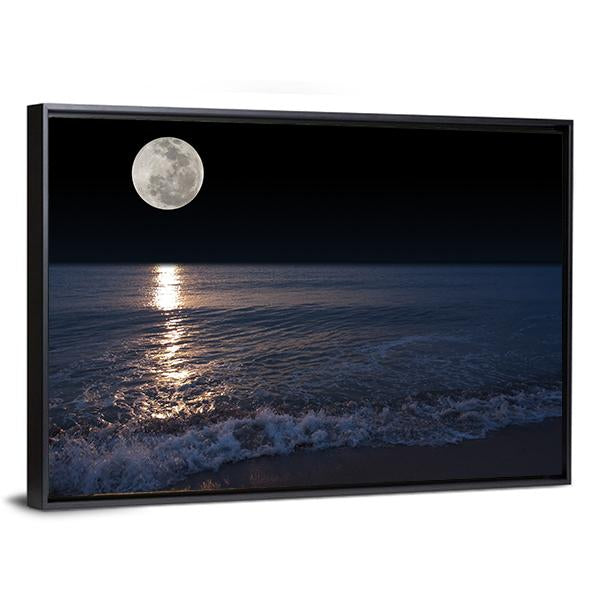 Romantic Tropical Beach With Beautiful Full Moon Canvas Wall Art-3 Horizontal-Gallery Wrap-25" x 16"-Tiaracle