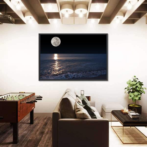 Romantic Tropical Beach With Beautiful Full Moon Canvas Wall Art-3 Horizontal-Gallery Wrap-25" x 16"-Tiaracle