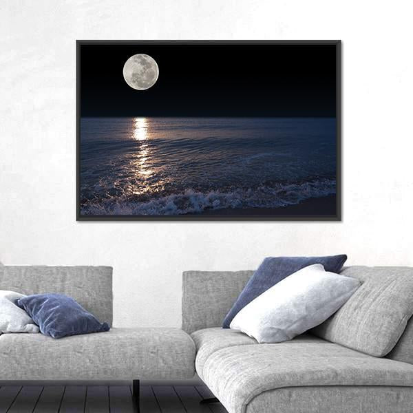 Romantic Tropical Beach With Beautiful Full Moon Canvas Wall Art-3 Horizontal-Gallery Wrap-25" x 16"-Tiaracle