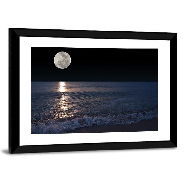 Romantic Tropical Beach With Beautiful Full Moon Canvas Wall Art-3 Horizontal-Gallery Wrap-25" x 16"-Tiaracle