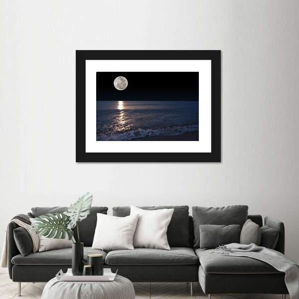 Romantic Tropical Beach With Beautiful Full Moon Canvas Wall Art-3 Horizontal-Gallery Wrap-25" x 16"-Tiaracle