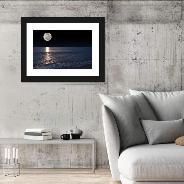 Romantic Tropical Beach With Beautiful Full Moon Canvas Wall Art-3 Horizontal-Gallery Wrap-25" x 16"-Tiaracle