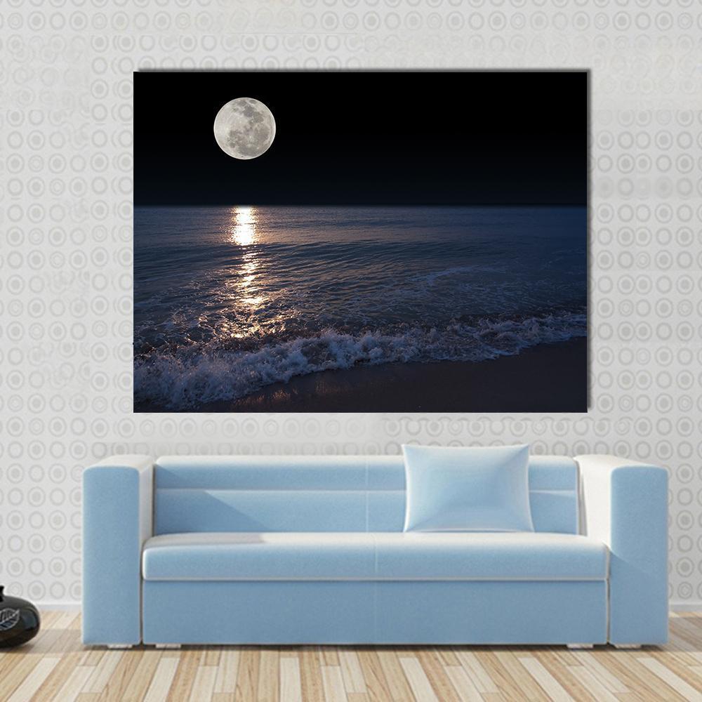 Romantic Tropical Beach With Beautiful Full Moon Canvas Wall Art-1 Piece-Gallery Wrap-48" x 32"-Tiaracle