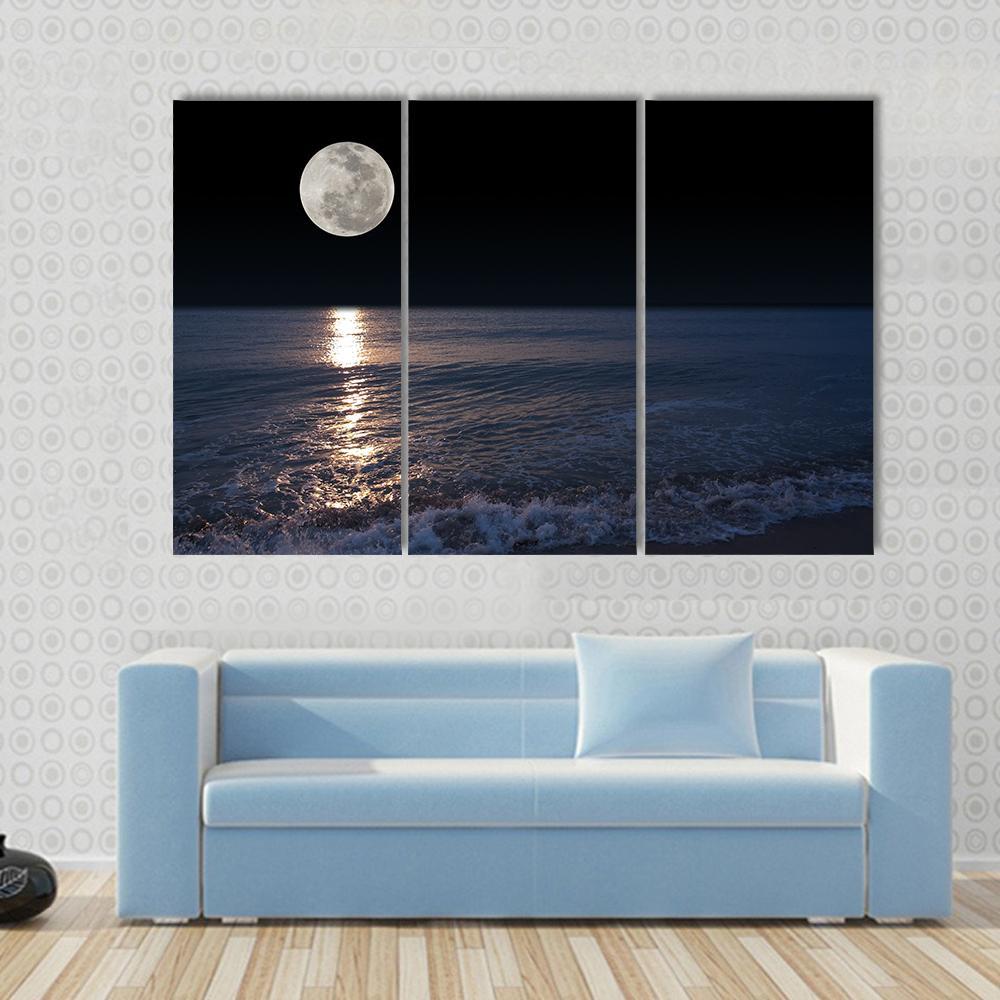 Romantic Tropical Beach With Beautiful Full Moon Canvas Wall Art-3 Horizontal-Gallery Wrap-37" x 24"-Tiaracle