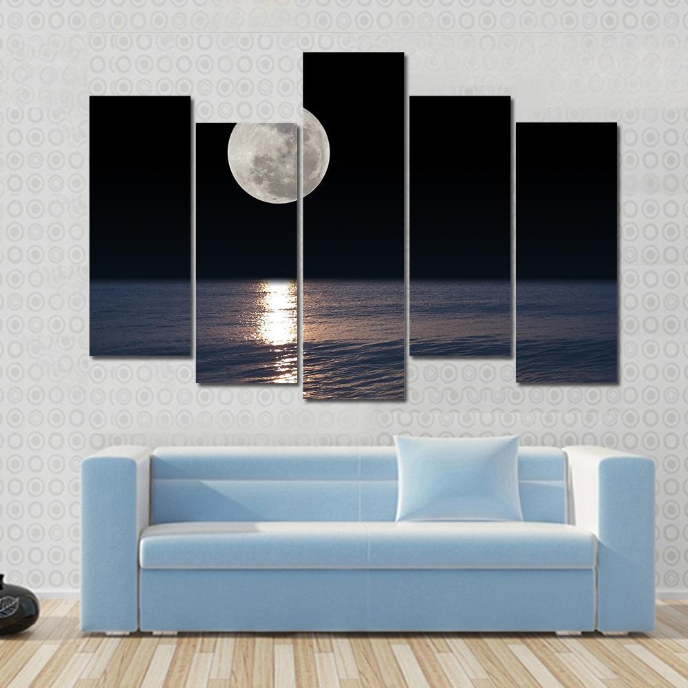 Romantic Tropical Beach With Beautiful Full Moon Canvas Wall Art-5 Pop-Gallery Wrap-47" x 32"-Tiaracle