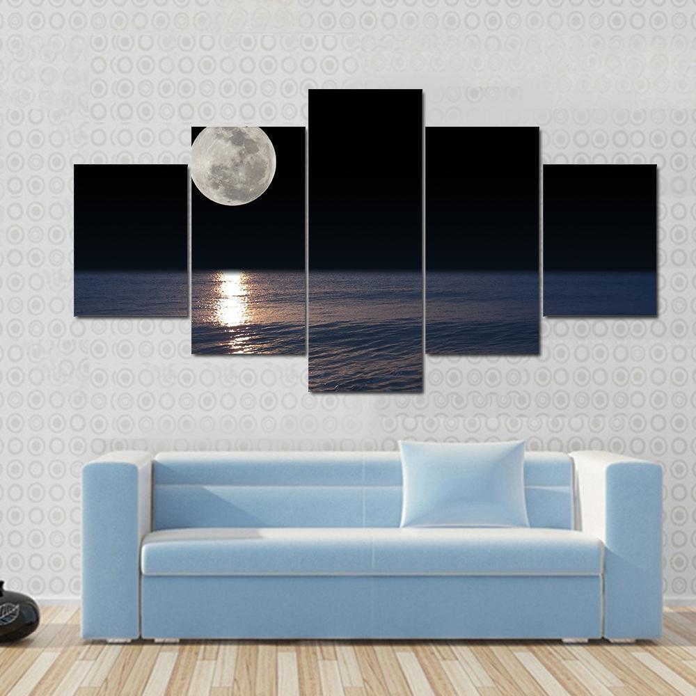 Romantic Tropical Beach With Beautiful Full Moon Canvas Wall Art-5 Star-Gallery Wrap-62" x 32"-Tiaracle