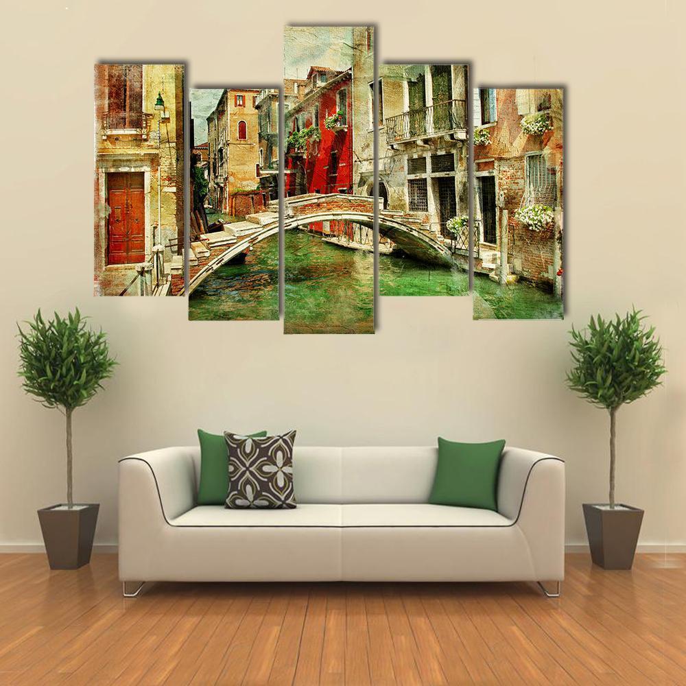 Romantic Venice Artwork In Painting Style Canvas Wall Art-5 Pop-Gallery Wrap-47" x 32"-Tiaracle