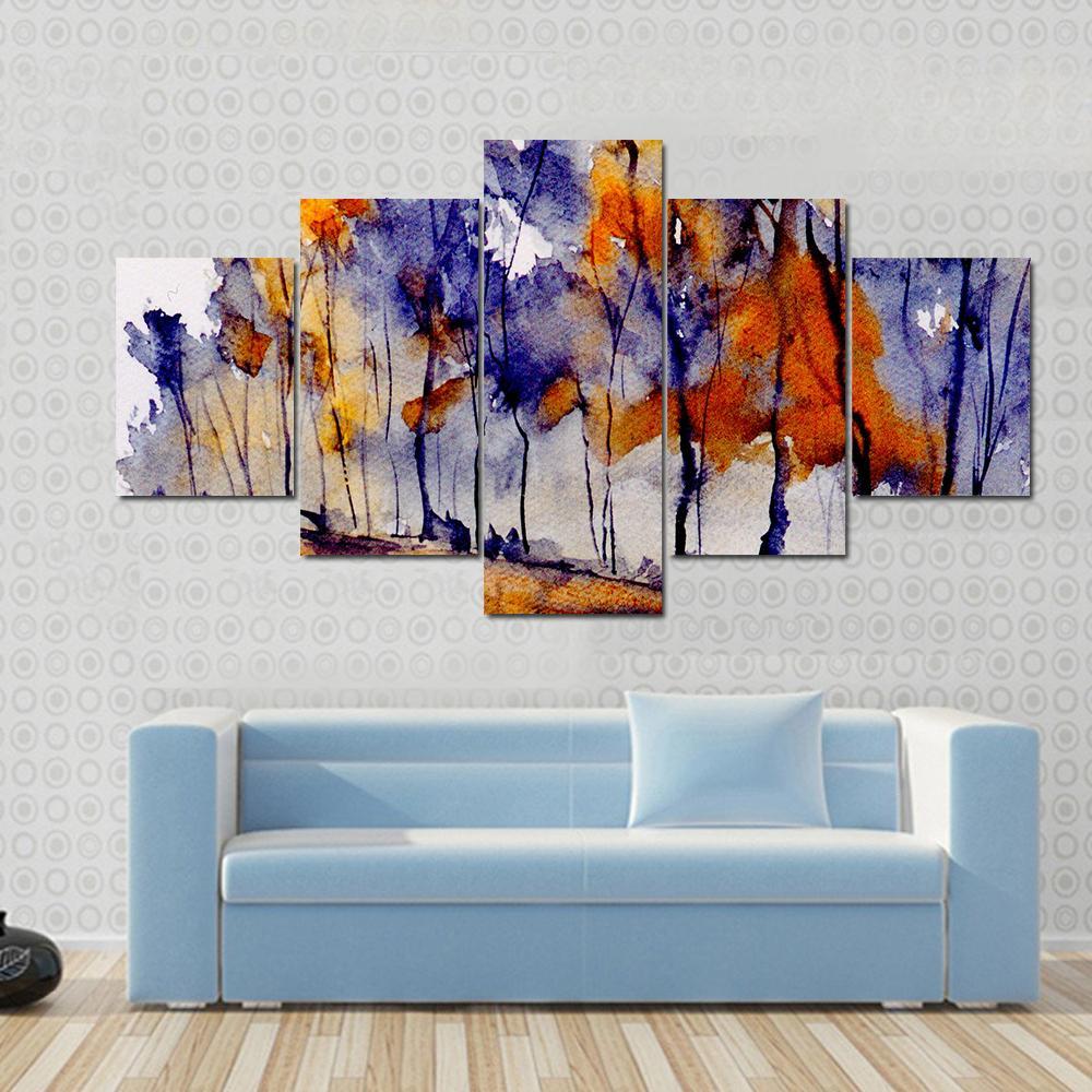 Rough Watercolor Painting Of Trees Canvas Wall Art-5 Star-Gallery Wrap-62" x 32"-Tiaracle