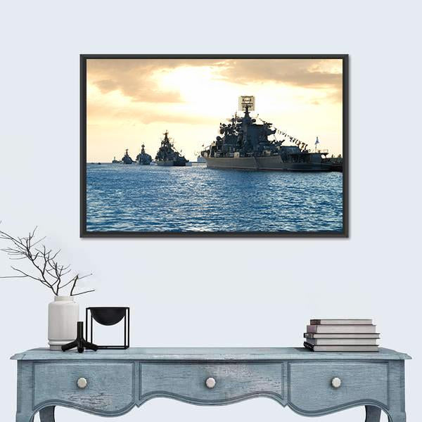 Row Of Military Ships Against Marine Sunset Canvas Wall Art-1 Piece-Floating Frame-24" x 16"-Tiaracle