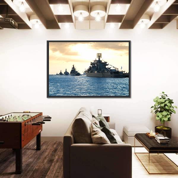 Row Of Military Ships Against Marine Sunset Canvas Wall Art-3 Horizontal-Gallery Wrap-25" x 16"-Tiaracle