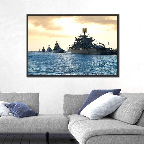 Row Of Military Ships Against Marine Sunset Canvas Wall Art-3 Horizontal-Gallery Wrap-25" x 16"-Tiaracle