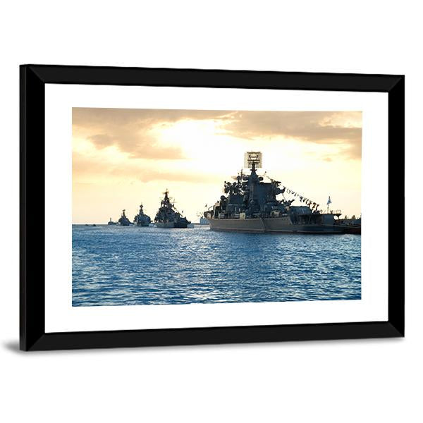 Row Of Military Ships Against Marine Sunset Canvas Wall Art-3 Horizontal-Gallery Wrap-25" x 16"-Tiaracle