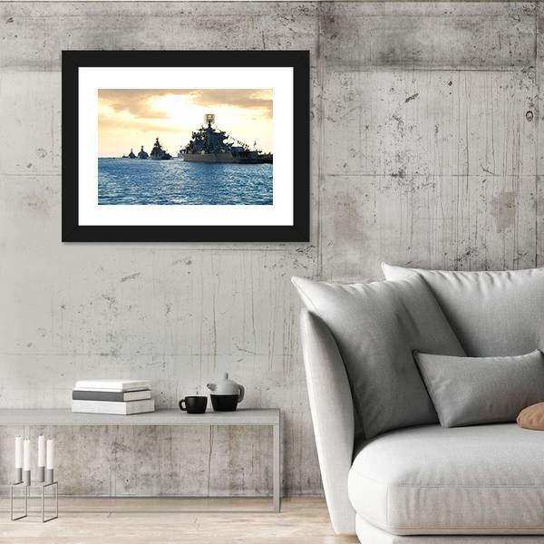 Row Of Military Ships Against Marine Sunset Canvas Wall Art-3 Horizontal-Gallery Wrap-25" x 16"-Tiaracle