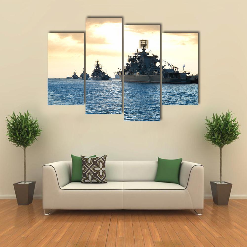 Row Of Military Ships Against Marine Sunset Canvas Wall Art-4 Pop-Gallery Wrap-50" x 32"-Tiaracle