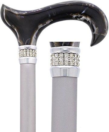 Scratch & Dent Black Marble Designer Derby Handle Walking Cane w/ Rhinestone Collar V1689