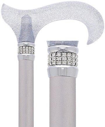 Scratch & Dent Platinum Sparkle Designer Glitter Derby Handle Walking Cane w/ Rhinestone Collar V1690