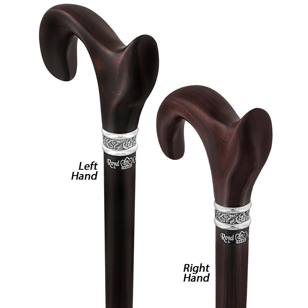 Scratch & Dent  Cocobolo Ergonomic Handle Walking Cane With Ebony Shaft and Pewter Rose Collar V1705