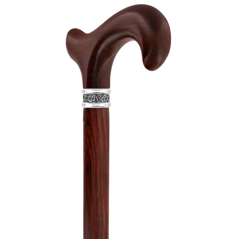 Scratch and Dent Derby Walking Cane With Exotic Cocobolo Wood Shaft and Pewter Rose V1899 Collar