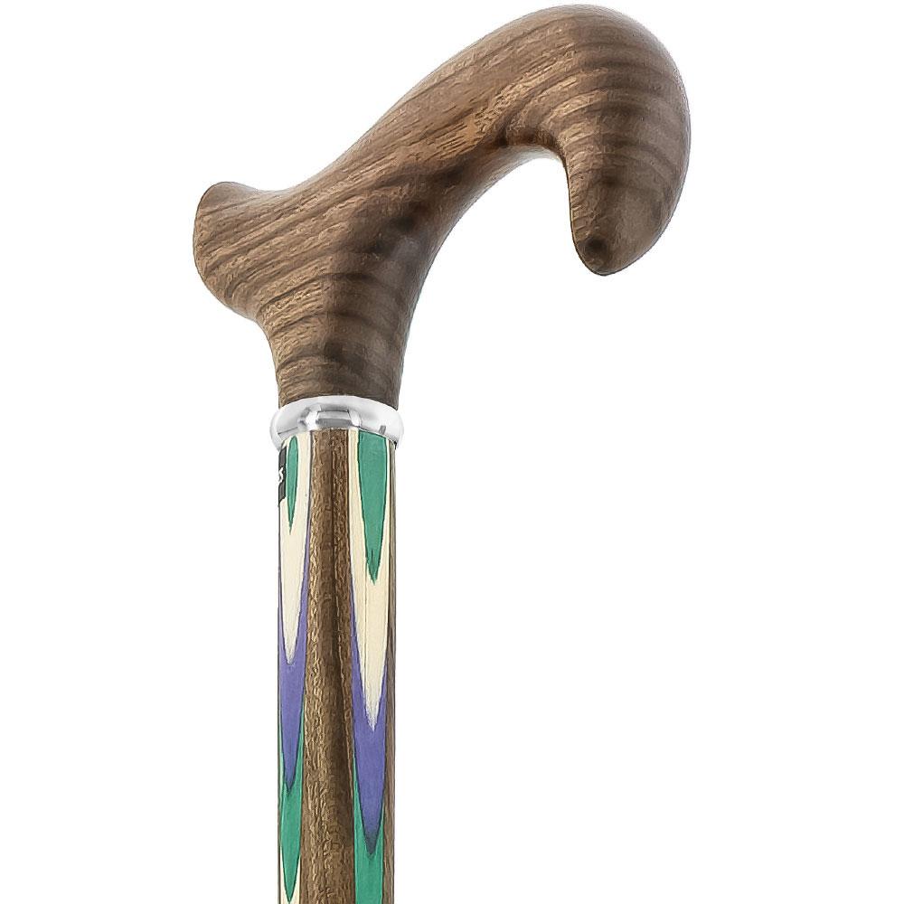 Scratch & Dent Green & Blue Inlaid Derby Walking Cane With Ovangkol Shaft and Silver Collar V1457