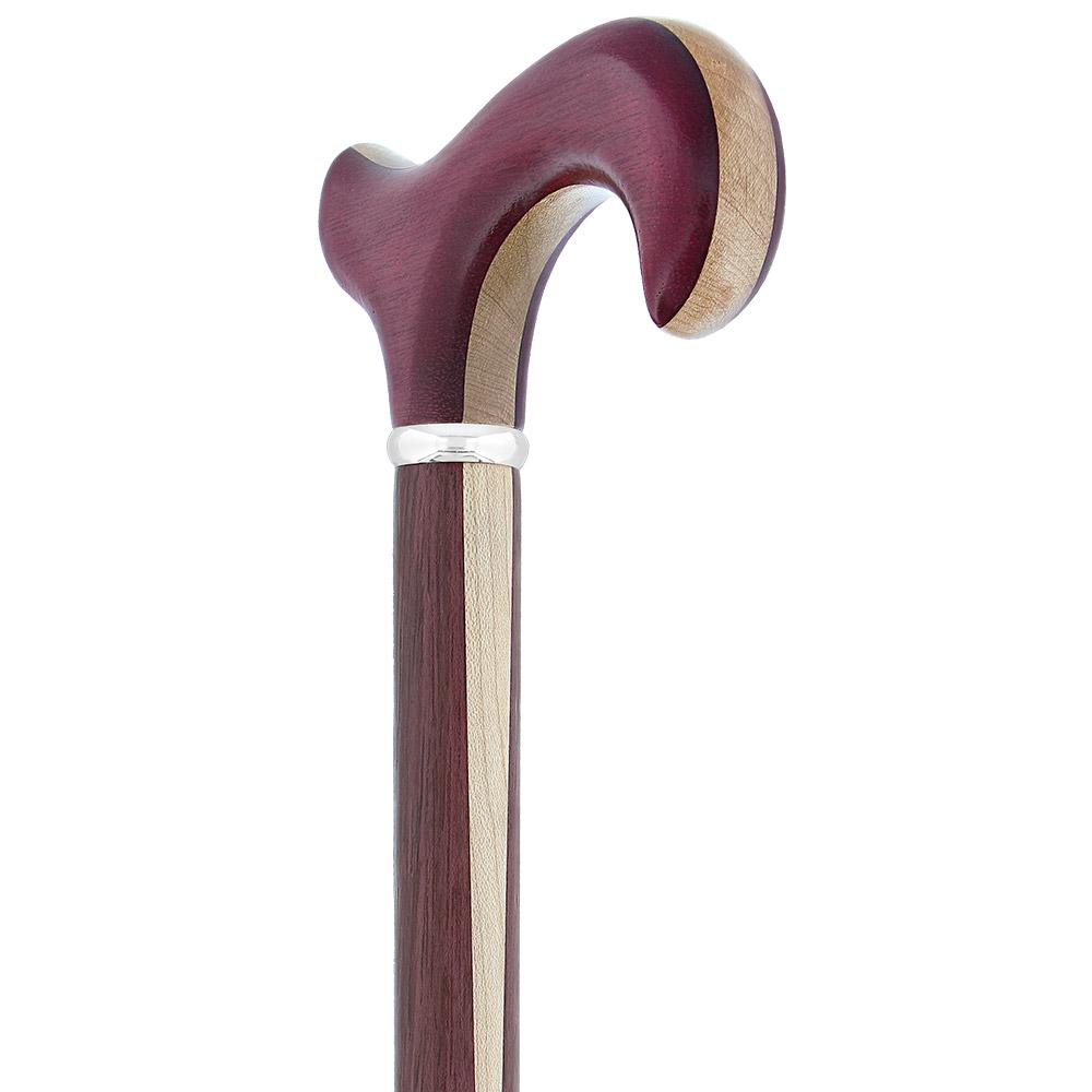 Scratch & Dent Exotic Inlay Wood Derby Handle Walking Cane with maple and Padauk Wood Shaft and Silver Collar V1525