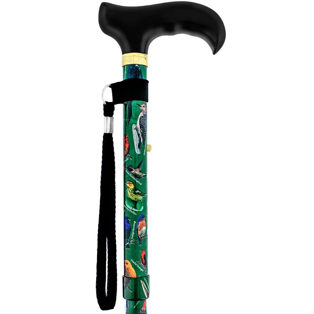 Scratch & Dent American Songbird Folding Adjustable Designer Derby Walking Cane w/ Engraved Collar V1769