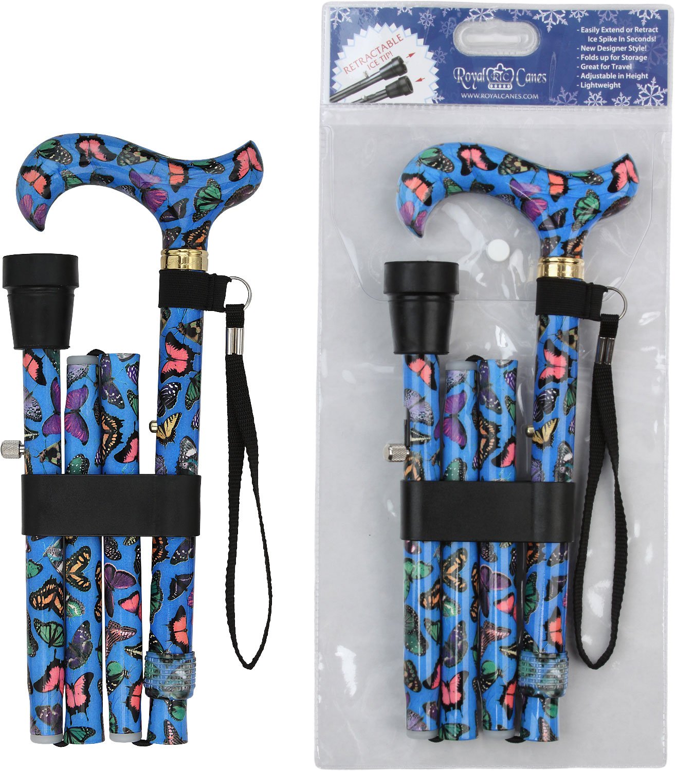 Scratch & Dent Butterfly Adjustable Folding Designer Derby Cane with Retractable Ice Tip V1759