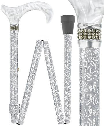 Scratch & Dent Graceful Lace Designer Adjustable Folding Cane w/ Rhinestone collar V1779