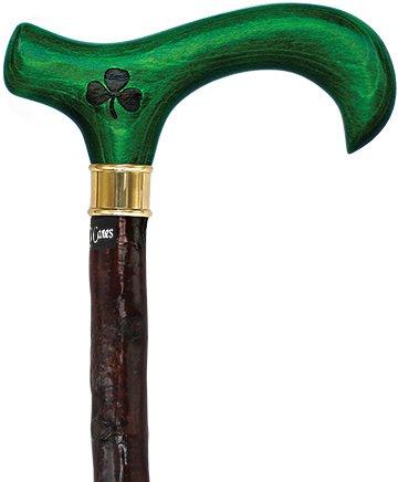 Scratch & Dent Genuine Blackthorn Wood Derby Walking Cane With Green Beech wood Handle and Shamrock V1486