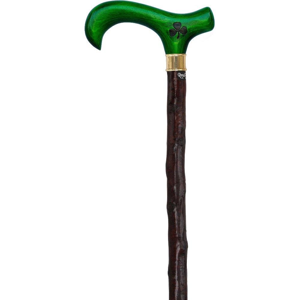 Scratch & Dent Genuine Blackthorn Wood Derby Walking Cane With Green Beech wood Handle and Shamrock V1486