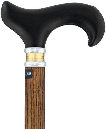 Scratch & Dent - Black Leather Derby Walking Cane With Ash Wood Shaft and Two Tone Collar V1453