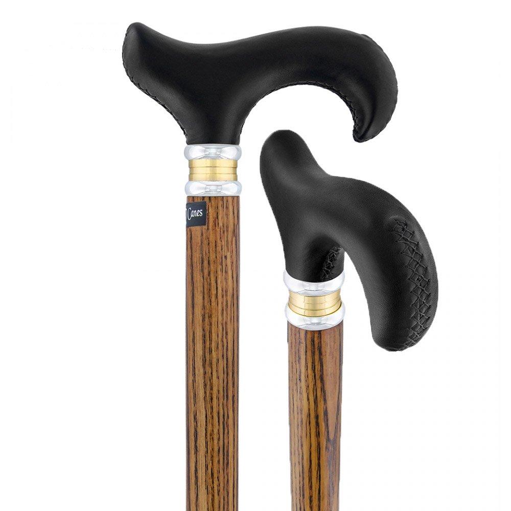 Scratch & Dent - Black Leather Derby Walking Cane With Ash Wood Shaft and Two Tone Collar V1453