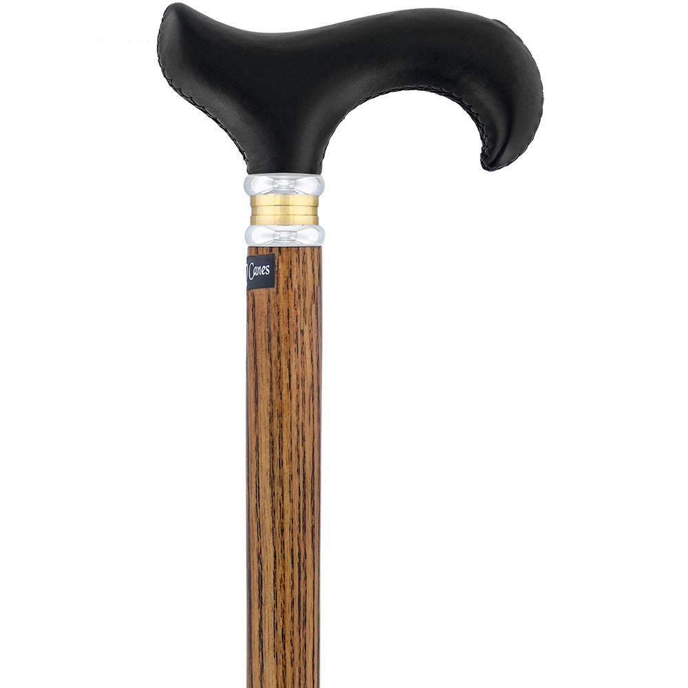 Scratch & Dent - Black Leather Derby Walking Cane With Ash Wood Shaft and Two Tone Collar V1453