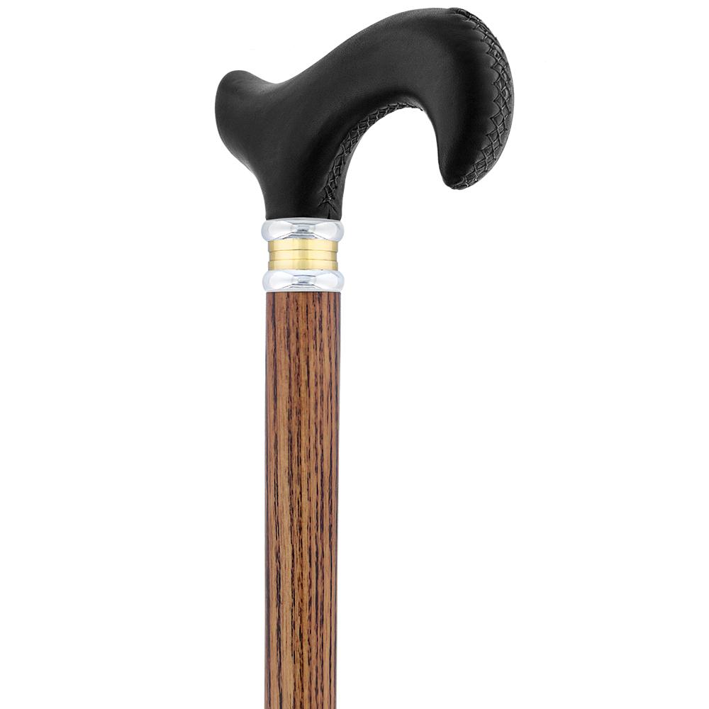 Scratch & Dent - Black Leather Derby Walking Cane With Ash Wood Shaft and Two Tone Collar V1453