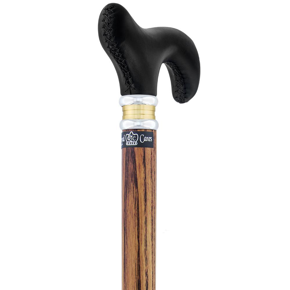 Scratch & Dent - Black Leather Derby Walking Cane With Ash Wood Shaft and Two Tone Collar V1453