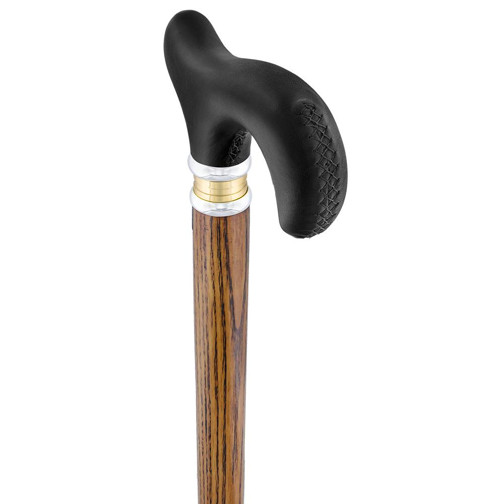 Scratch & Dent - Black Leather Derby Walking Cane With Ash Wood Shaft and Two Tone Collar V1453