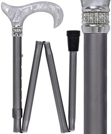 Scratch & Dent  Platinum Pearlz w/ Rhinestone Collar and Silver Shaft Designer Adjustable Folding Cane V1808