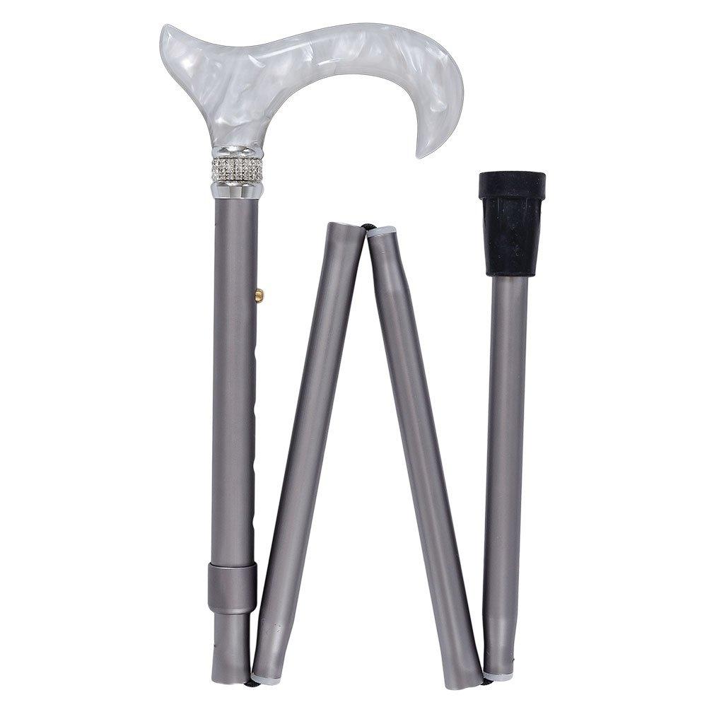 Scratch & Dent  Platinum Pearlz w/ Rhinestone Collar and Silver Shaft Designer Adjustable Folding Cane V1808