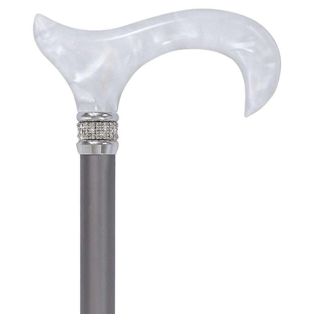 Scratch & Dent  Platinum Pearlz w/ Rhinestone Collar and Silver Shaft Designer Adjustable Folding Cane V1808