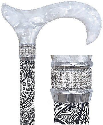 Scratch & Dent  White Pearlz w/ Rhinestone Collar and Black Swirl Designer Adjustable Cane V1681