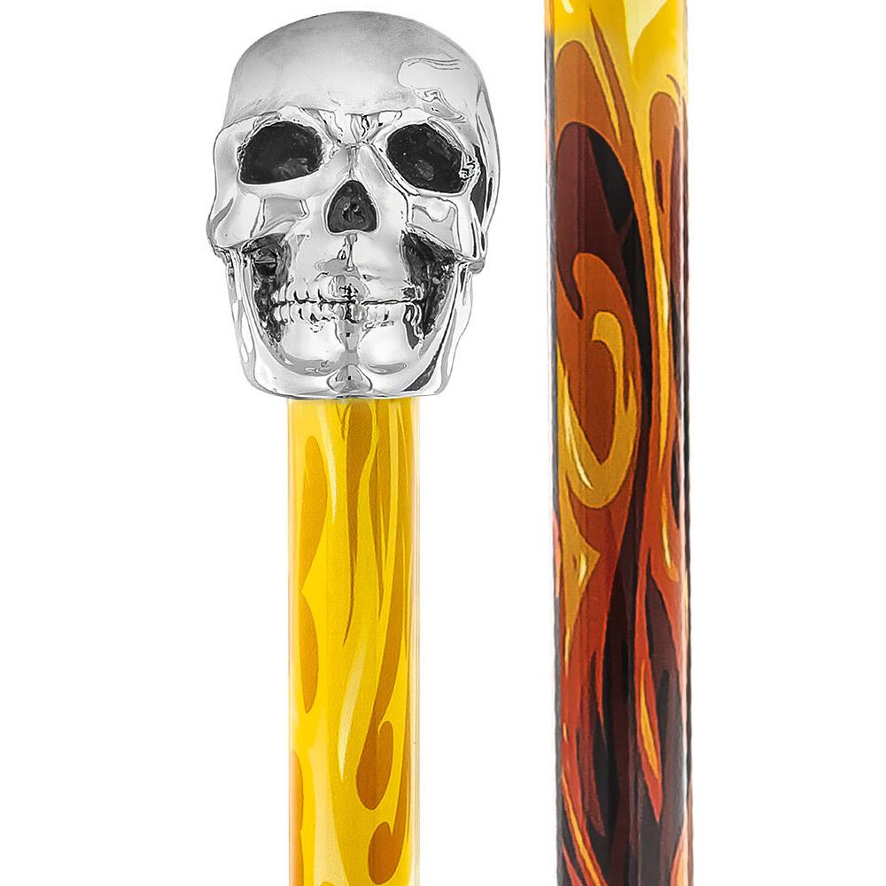 Scratch & Dent Silver 925r Skull Walking Stick with Black Flame detailed Shaft V1835