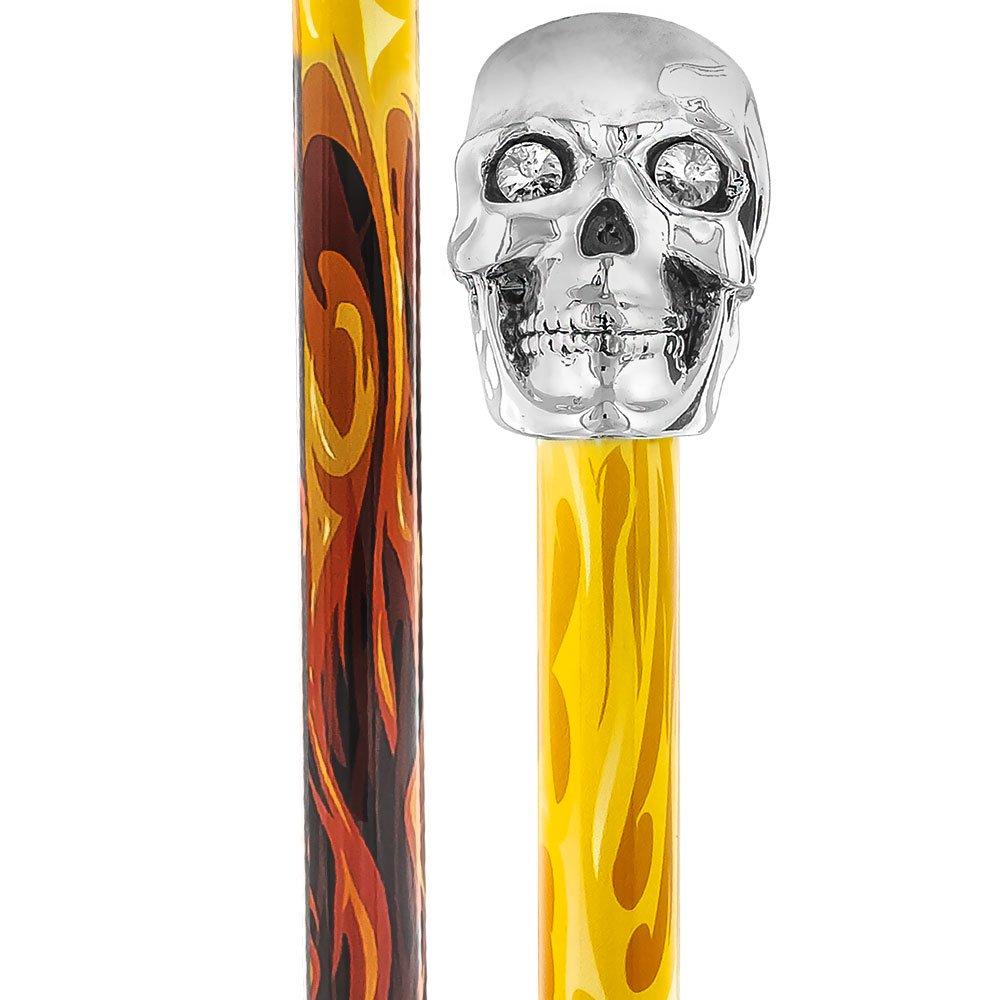 Scratch & Dent Silver 925r Skull Walking Stick With Swarovski Crystal Eyes Flame Shaft V1832