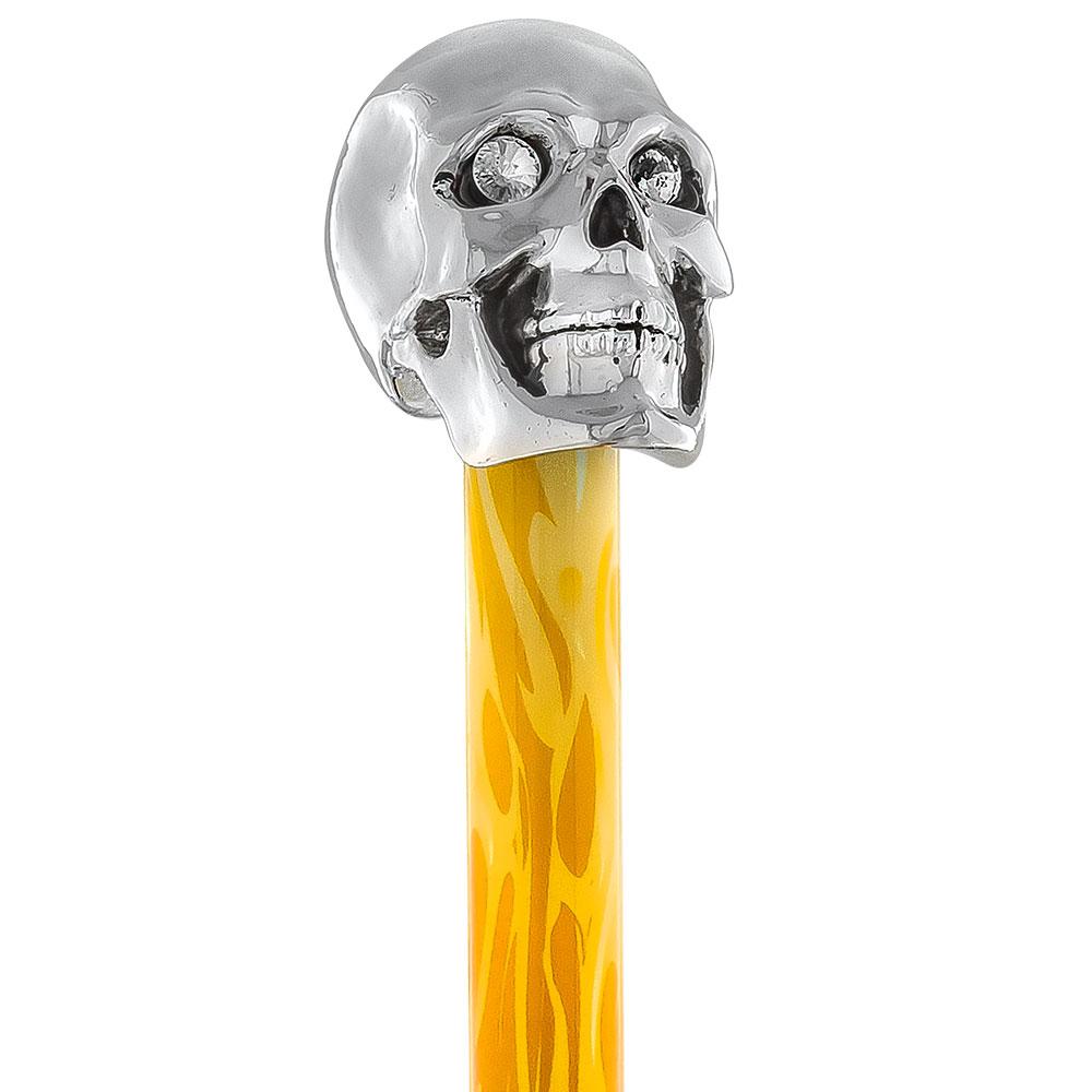 Scratch & Dent Silver 925r Skull Walking Stick With Swarovski Crystal Eyes Flame Shaft V1832