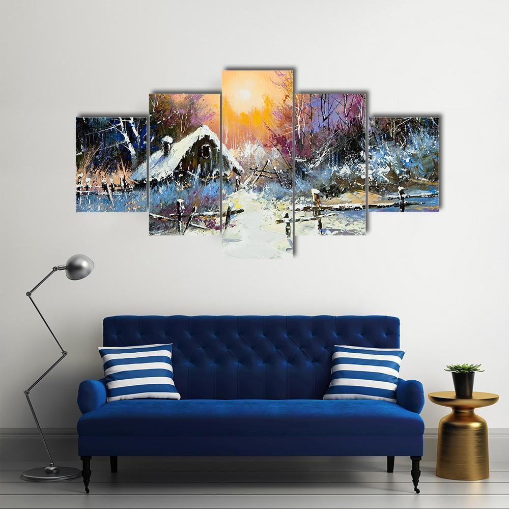 Rural Winter Landscape Canvas Wall Art-5 Star-Gallery Wrap-62" x 32"-Tiaracle