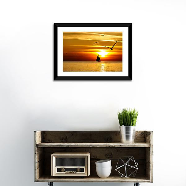Sail Boat At Sea Sunset Canvas Wall Art-3 Horizontal-Gallery Wrap-25" x 16"-Tiaracle