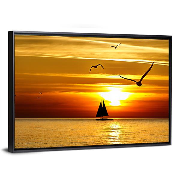 Sail Boat At Sea Sunset Canvas Wall Art-3 Horizontal-Gallery Wrap-25" x 16"-Tiaracle