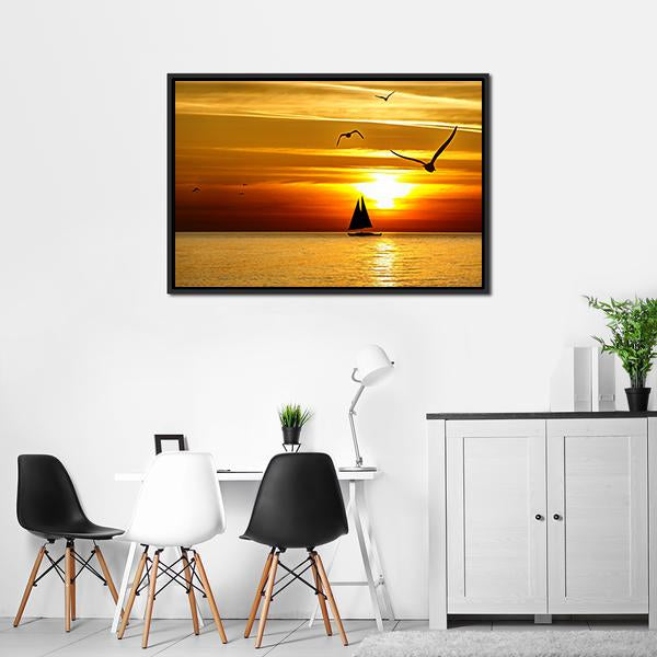 Sail Boat At Sea Sunset Canvas Wall Art-3 Horizontal-Gallery Wrap-25" x 16"-Tiaracle