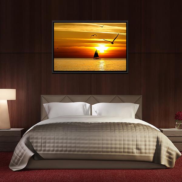 Sail Boat At Sea Sunset Canvas Wall Art-3 Horizontal-Gallery Wrap-25" x 16"-Tiaracle