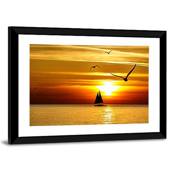 Sail Boat At Sea Sunset Canvas Wall Art-3 Horizontal-Gallery Wrap-25" x 16"-Tiaracle