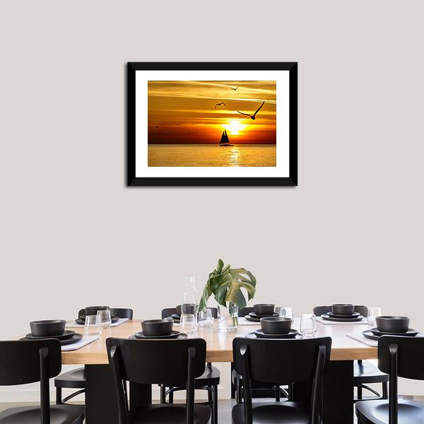 Sail Boat At Sea Sunset Canvas Wall Art-1 Piece-Framed Print-20" x 16"-Tiaracle