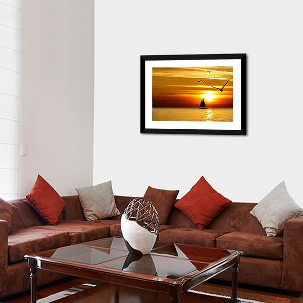 Sail Boat At Sea Sunset Canvas Wall Art-3 Horizontal-Gallery Wrap-25" x 16"-Tiaracle